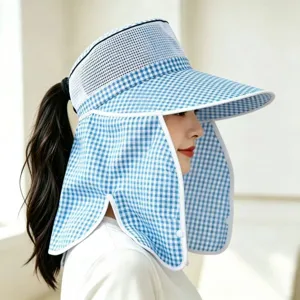 Detailed view of blue gingham sun visor hat with neck flap and breathable mesh top.