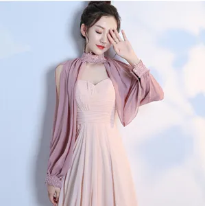Women chiffon long sleeve shawl detail view, elegant pink bridal cover up accessory.