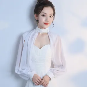 White chiffon long sleeve shawl shrug with delicate lace collar for women summer wear.