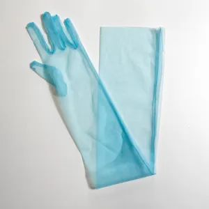 Long sheer mesh gloves in light blue, elegant 70cm translucent design for evening party events.