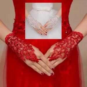 Bridal Wedding Lace Gloves Short Fingerless Gloves With Rhinestones Pearls Elegant Party Evening Formal Gloves For Women