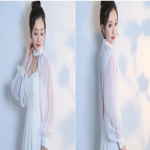Elegant white sheer chiffon long sleeve bolero shawl detail, perfect wedding cover up.