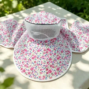 Floral wide brim sun hat with breathable mesh and neck flap for outdoor summer farming.