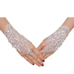 White lace bridal gloves short rhinestone wedding gloves fingerless elegant bridal accessories