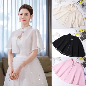Women's Short Chiffon Shawl Cape Elegant Rhinestone Button Wedding Dress Qipao Sunscreen Shawl Fashion Apparel