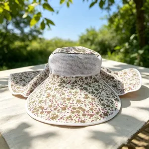 Floral sun hat detail showing breathable mesh crown, wide brim and neck flap for outdoor wear.