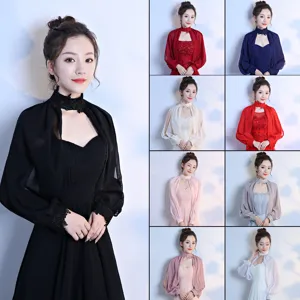 Women Chiffon Shawl Long Sleeve Pullover Stand Collar Lace Elegant Evening Party Wedding Sun Protection Top Cover Up