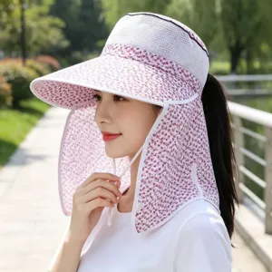 Floral sun protection hat with wide brim, breathable mesh top, and neck flap for outdoor summer.