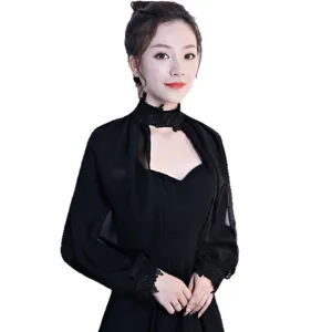 Elegant black chiffon long sleeve shawl evening dress bolero for women wrap top