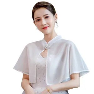 Elegant white chiffon bridal capelet short shawl with sparkling crystal buckle for women main