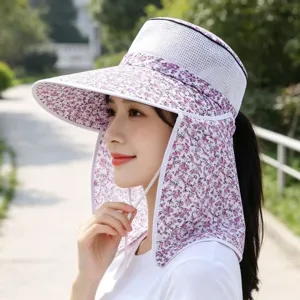 Women summer sun hat with large brim neck flap breathable mesh and floral print for outdoors