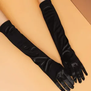 Elegant long black satin gloves for women, perfect for evening parties, weddings and proms.