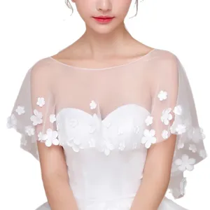 Elegante mantellina da sposa in tulle con pizzo floreale 3D, coprispalle trasparente per festa.