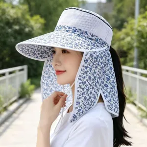 Floral sun hat with large brim and neck flap, breathable mesh top for summer outdoor UV protection.