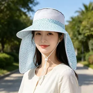 Summer sun protection hat with floral wide brim and breathable mesh top for outdoor use.