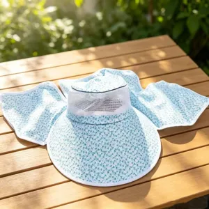 Detailed view of the women's summer floral sun protection hat with breathable mesh and wide brim.