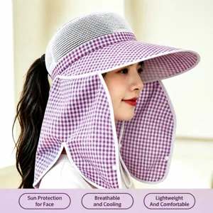 Purple and white plaid sun hat with wide brim, neck flap and breathable mesh for outdoor.