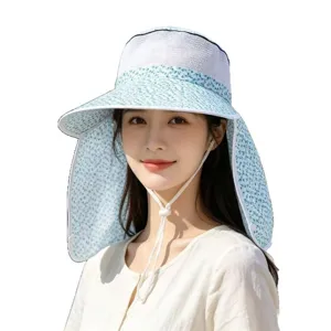 Women's summer sun protection wide brim sun hat with floral print mesh and neck flap for outdoor.