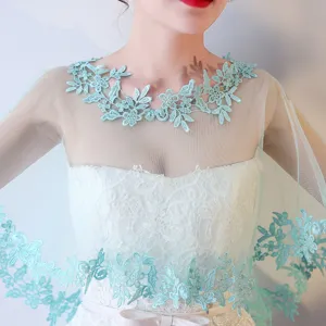 Détail de cape de broderie en dentelle bleu clair, tissu en tulle transparent, élégant châle