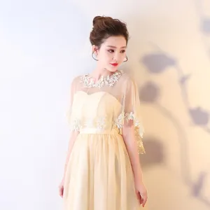 Detail de cape en dentelle transparente elegante et robe champagne, style d'ombre florale.