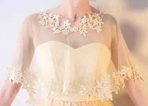 Vue détaillée du châle de mariée en dentelle transparente, broderie florale délicate.