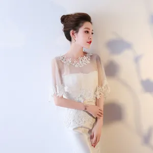 Été blanc dentelle mariée mariage châle cape transparent résille pullover élégant mode