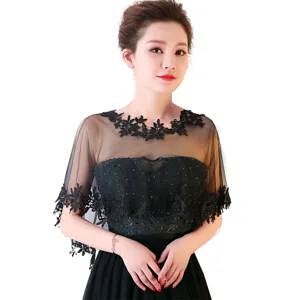 Ete noir dentelle transparent cape châle élégant mariée robe de soirée femme mode chic tendance