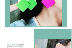 Close up of colorful square acrylic earrings detail showcasing vibrant candy color style.
