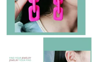Neon pink chunky chain link earrings for women statement geometric rectangular ear drops fashion jewelry