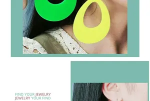 Close up detail view of neon green oversized hollow acrylic drop earrings on fashion model.