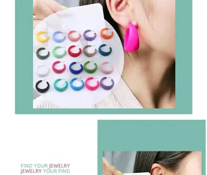 Colorful candy C-shaped hoop earrings for women, minimalist acrylic geometric ear studs.