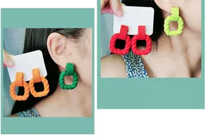 Colorful geometric square hoop earrings with textured matte finish, stylish daily jewelry for women.