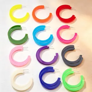 Candy Colored Acrylic Flat C-Shaped Hoop Earrings Bright Statement Geometric Ear Jewelry For Women Daily Wear