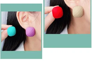 Close-up detail of geometric faceted square acrylic earrings in candy colors for women daily wear.