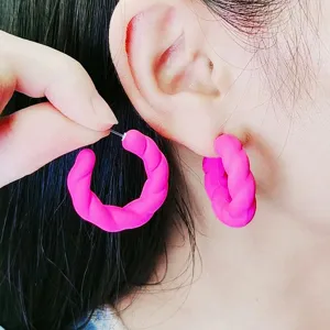 Candy color pink twisted hoop earrings, bold acrylic statement earrings for women daily wear.