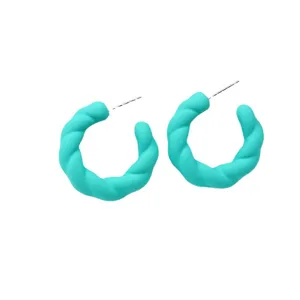 Candy color twist hoop earrings, vibrant turquoise matte finished exaggerated ear jewelry.