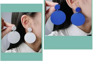 Minimalist large round acrylic dangle earrings showcase detailed craftsmanship and elegant style.