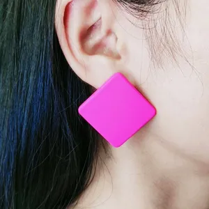 Minimalist geometric square acrylic stud earrings in bright candy pink color for women.