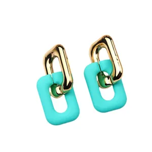 Boucles d'oreilles pendantes rectangulaires chaîne peinture avec design métal.