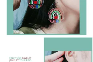 Teacher theme acrylic teardrop earrings rainbow apple fashion jewelry for women detail view