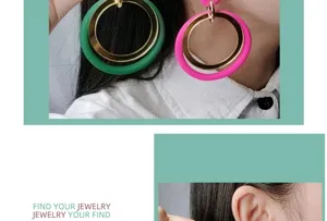 Chic multi-color acrylic circle statement earrings, exaggerated gold-tone hoop jewelry for women.