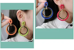 Colorful acrylic geometric double circle dangle earrings for women fashion statement jewelry detail.