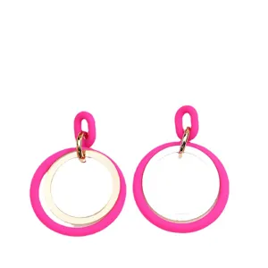 Vibrant hot pink acrylic geometric hoop drop earrings with gold-tone accents for women.
