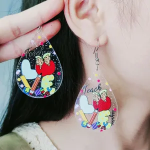 Back to school teacher teardrop acrylic earrings, cute printed ear drops for women and girls.
