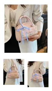 Spring summer new simple Korean fashion pink handbag shoulder crossbody bag with lace bow cute style