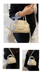 Korean style minimalist patent leather handbag with lace trim and blue ribbon for women casual