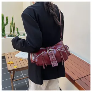 Trendy burgundy motorcycle shoulder bag with multi-zippers, chic faux leather purse now.