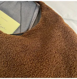 Retro brown teddy fleece shoulder bag detail view, winter fluffy tote bag fabric close-up