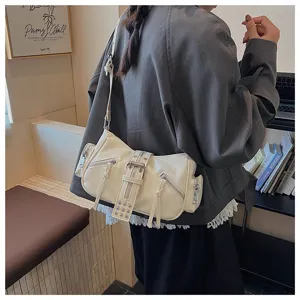 White patent leather motorcycle shoulder bag with zippers and buckle for women trendy chic