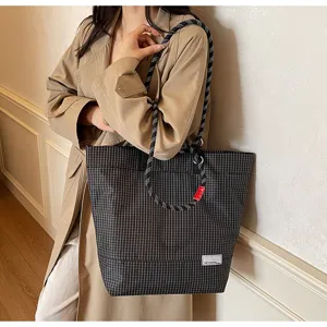 Black and white grid tote bag with rope handle large capacity shoulder bag for daily use